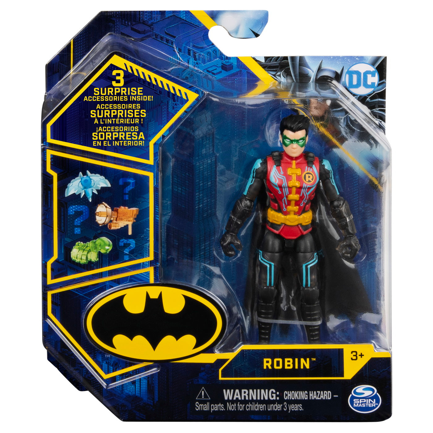Figurina robin cu costum tech si articulata 10cm cu 3 accesorii surpriza