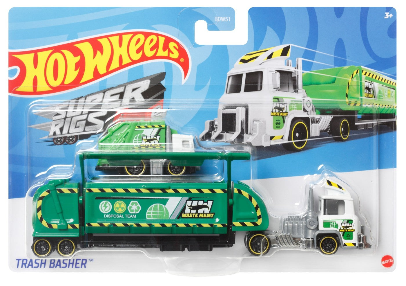 Set camion si masina sport hot wheels trash basher verde