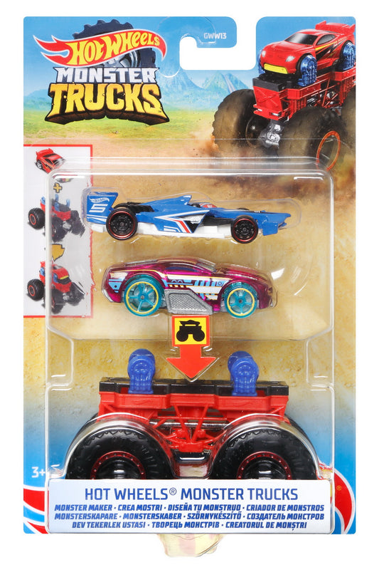 Hot wheels monster truck cu masinute roz si albastru