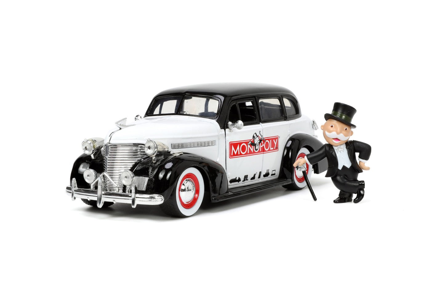 Jada set masinuta metalica chevrolet master deluxe 1939 scara 1:24 si figurina mr monopoly