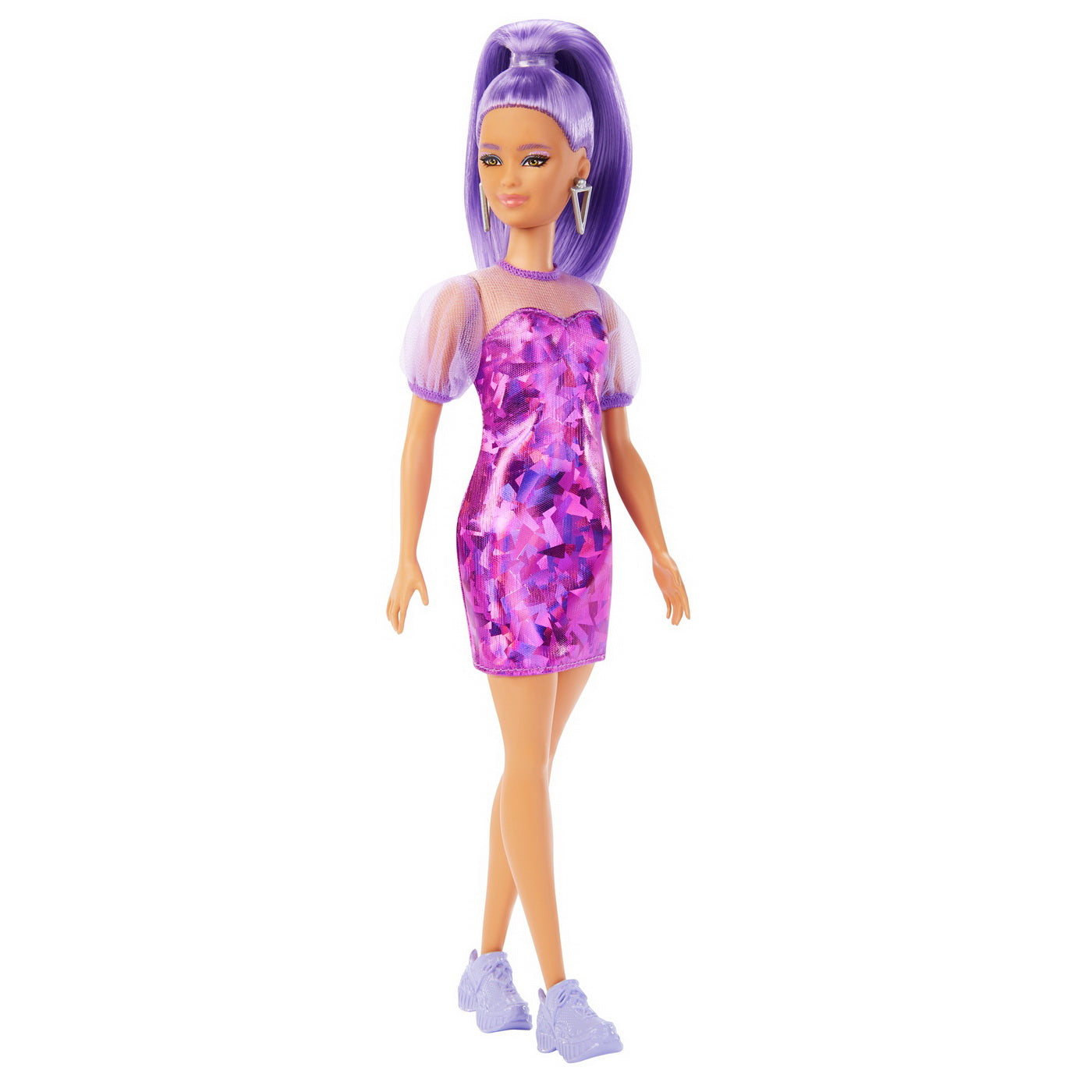 Papusa barbie fashionista cu par mov cu rochie cu umeri bufanti