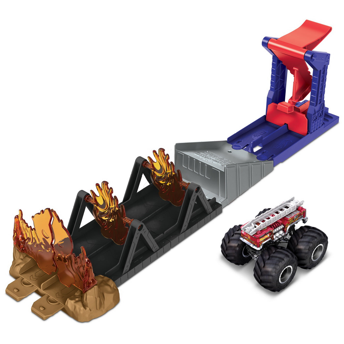 Hot wheels monster truck set fire through