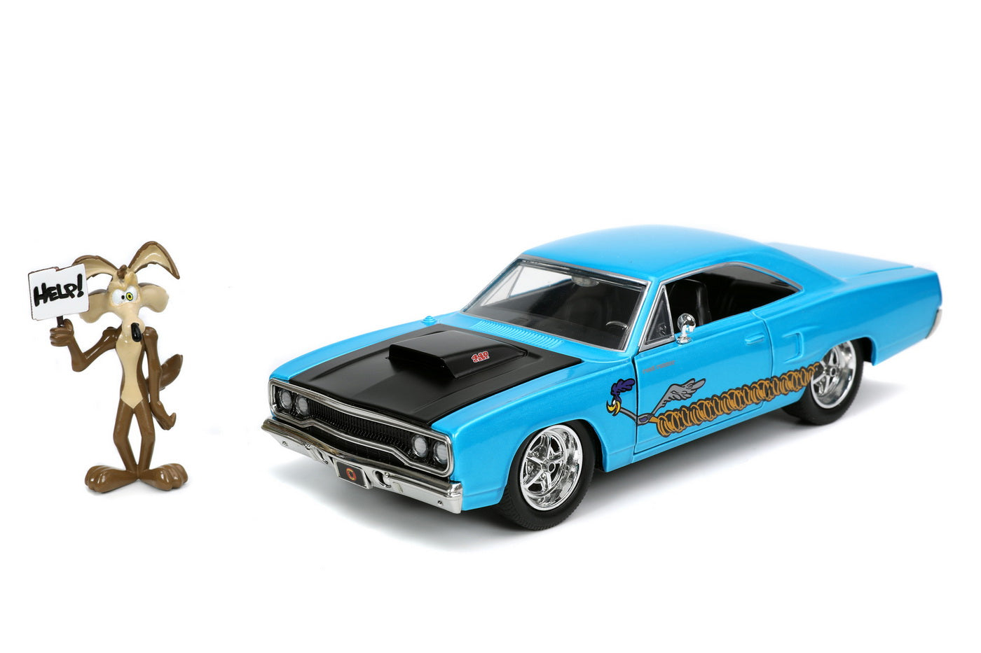 Looney tunes road runner set masinuta metalica  1970 plymouth scara 1:24 si figurina wile e coyote