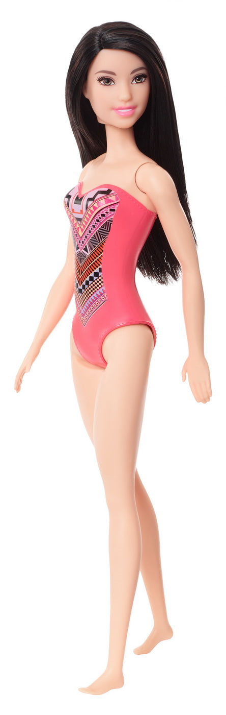 Papusa barbie bruneta cu costum de baie cu modele geometrice