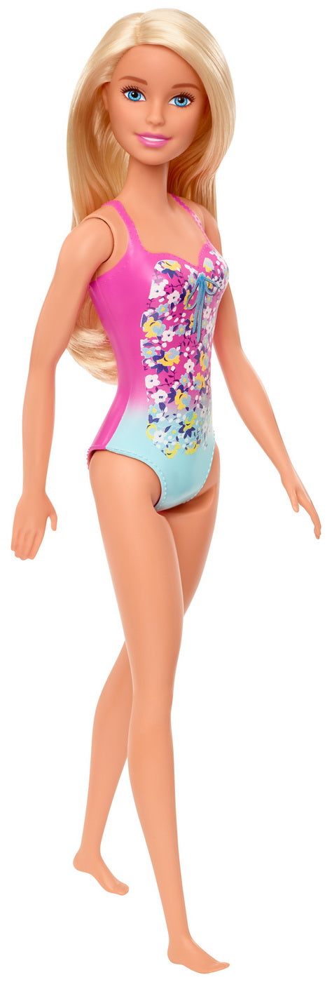 Papusa barbie blonda cu costum de baie in doua culori