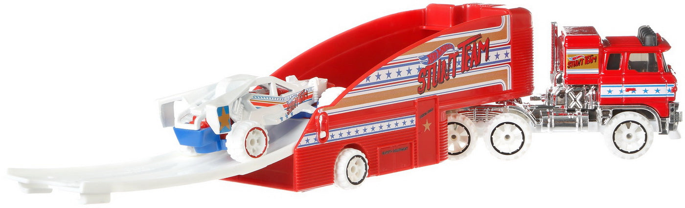 Set camion si masina sport hot wheels white stuntin semi