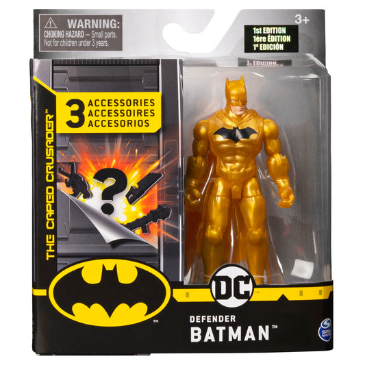 Figurina batman 10cm cu costum auriu si 3 accesorii surpriza