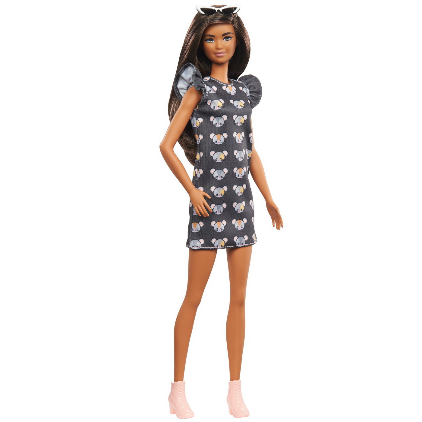 Papusa barbie fashionista bruneta cu rochita mouse print