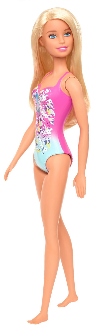 Papusa barbie blonda cu costum de baie in doua culori