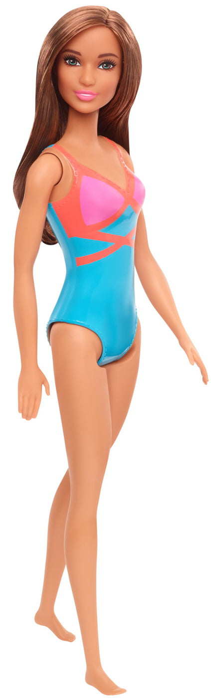 Papusa barbie satena cu costum de baie rosu-albastru