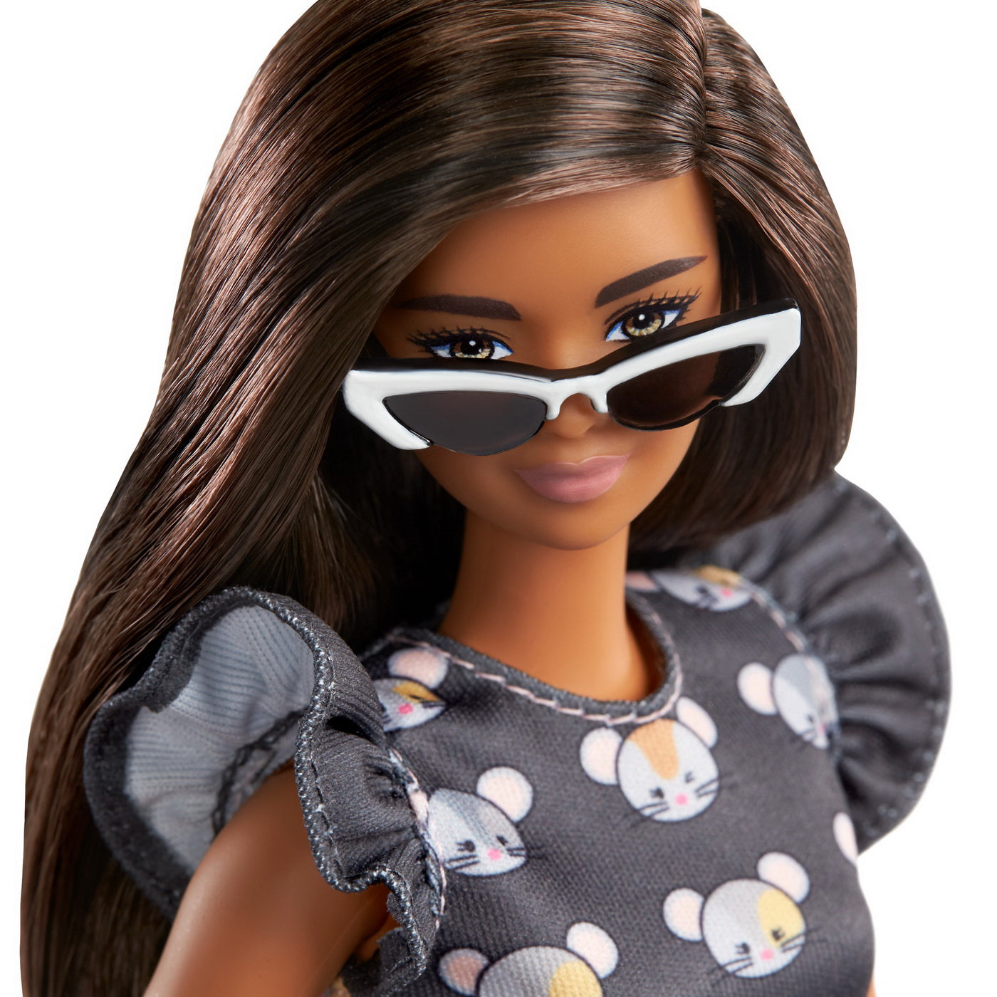 Papusa barbie fashionista bruneta cu rochita mouse print