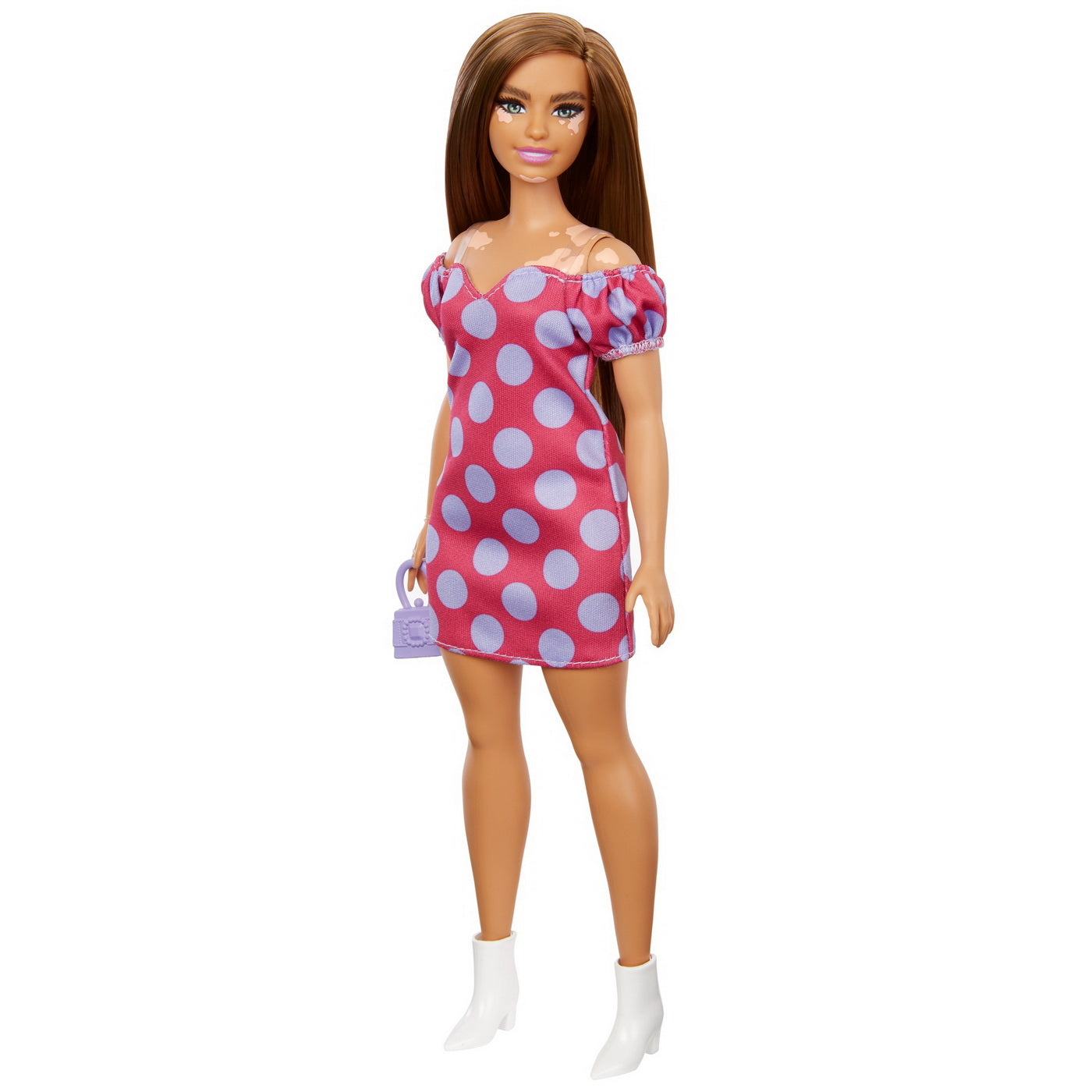 Papusa barbie fashionista satena cu rochie roz cu buline