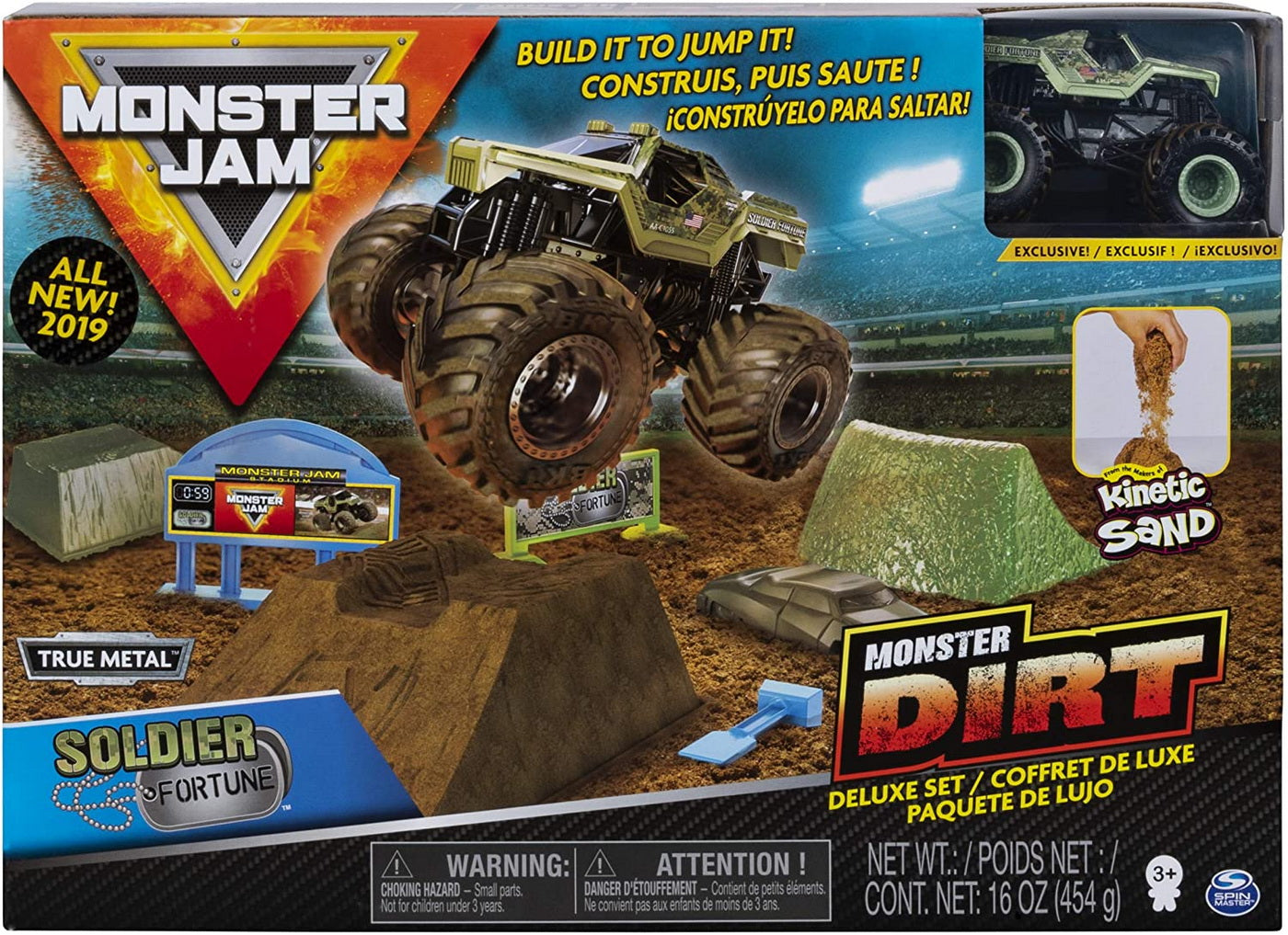 Monster jam set camioneta soldier fortune cu nisip kinetic si accesorii cu rampa