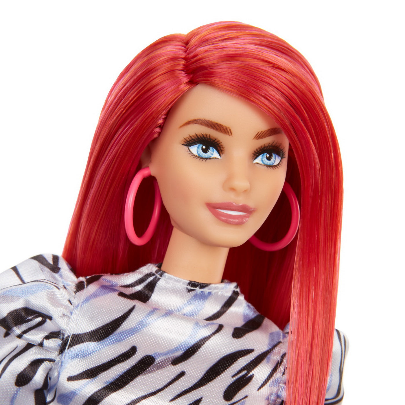 Papusa barbie fashionista roscata cu rochie cu umeri bufanti