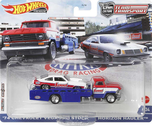 Hot wheels transportator horizon hauler cu masinuta chevrolet vegas stock '74 scara 1:64