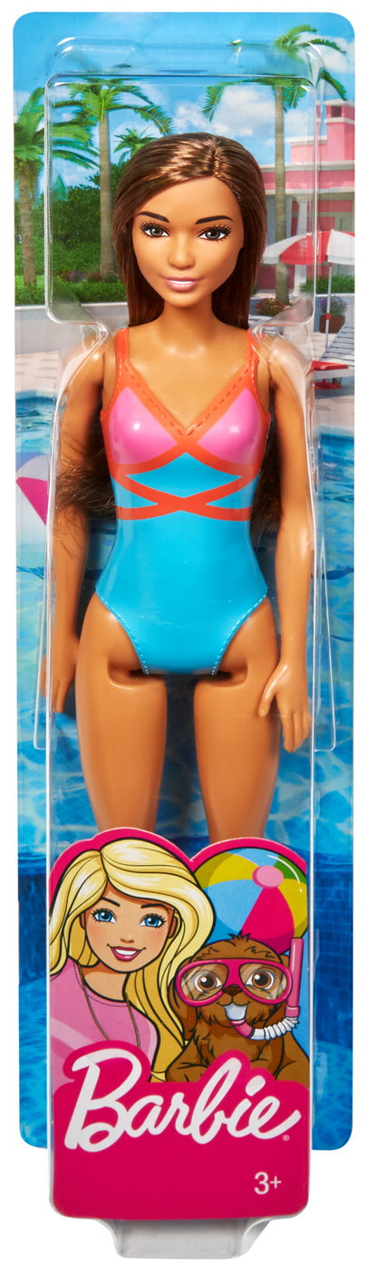 Papusa barbie satena cu costum de baie rosu-albastru