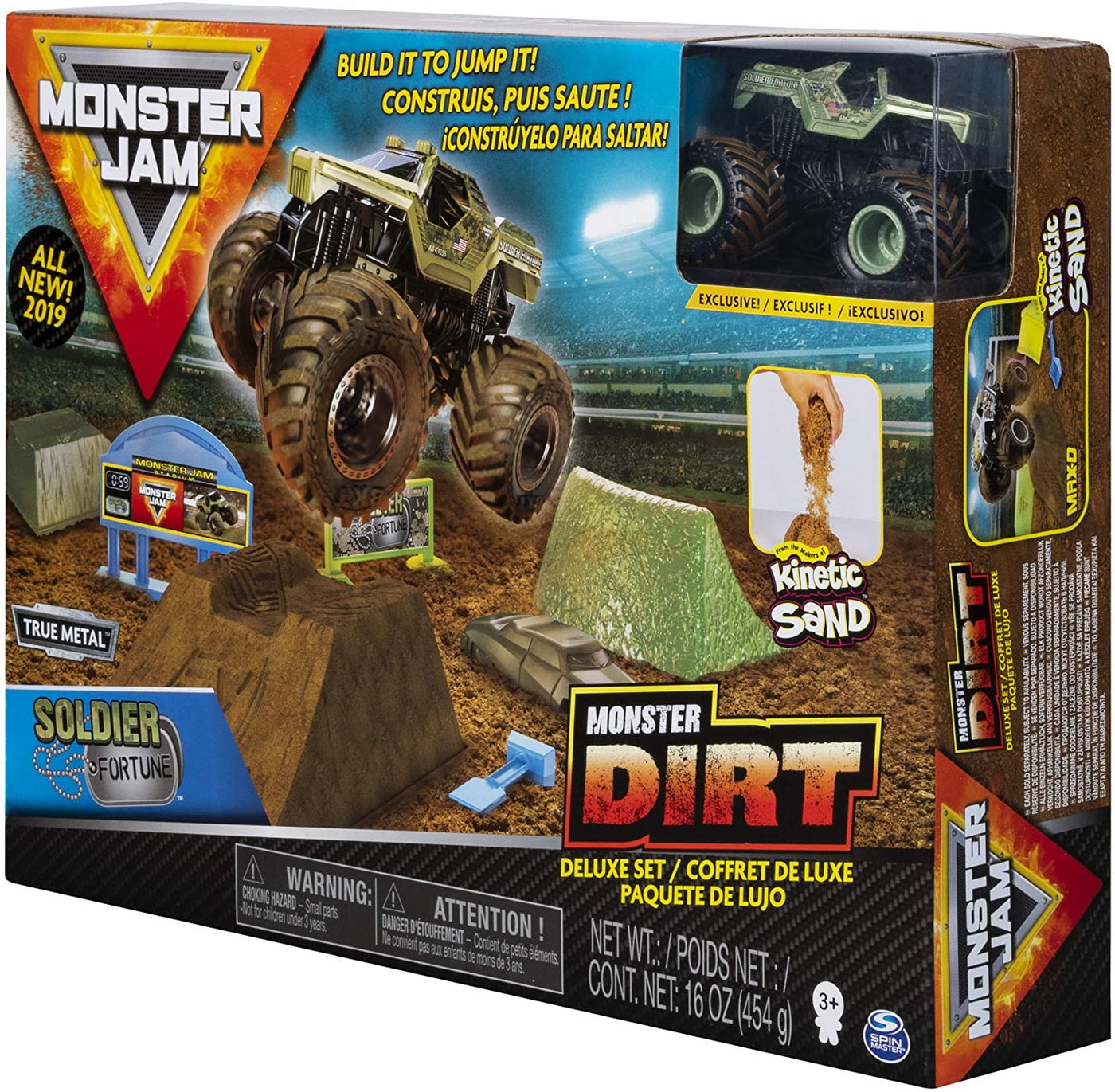 Monster jam set camioneta soldier fortune cu nisip kinetic si accesorii cu rampa