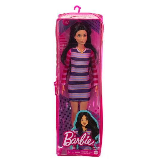 Papusa barbie fashionista bruneta cu rochita chic colorata