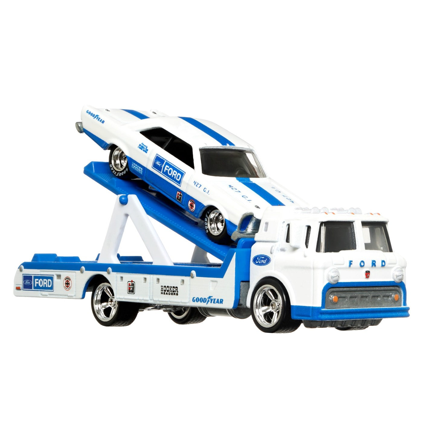 Hot wheels transportator ford c-800 cu masinuta ford galaxie 65 scara 1:64