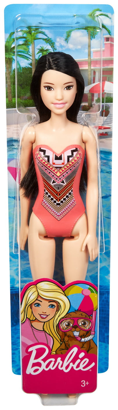 Papusa barbie bruneta cu costum de baie cu modele geometrice