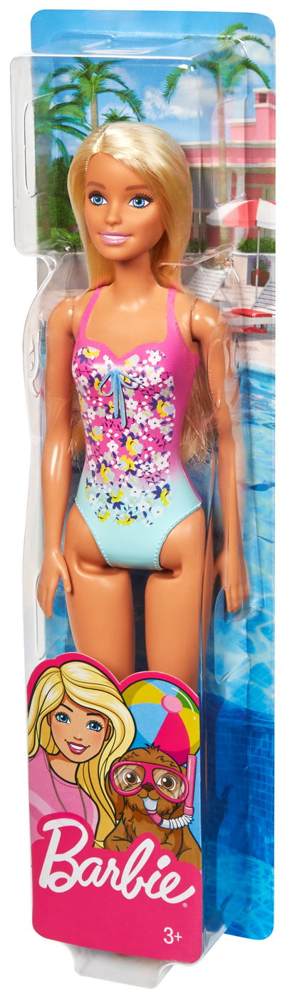 Papusa barbie blonda cu costum de baie in doua culori