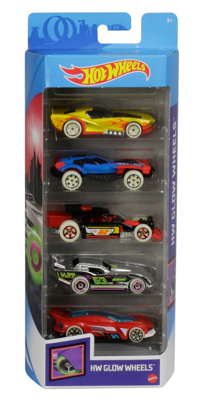 Set 5 masini hot wheels cu roti fluorescente