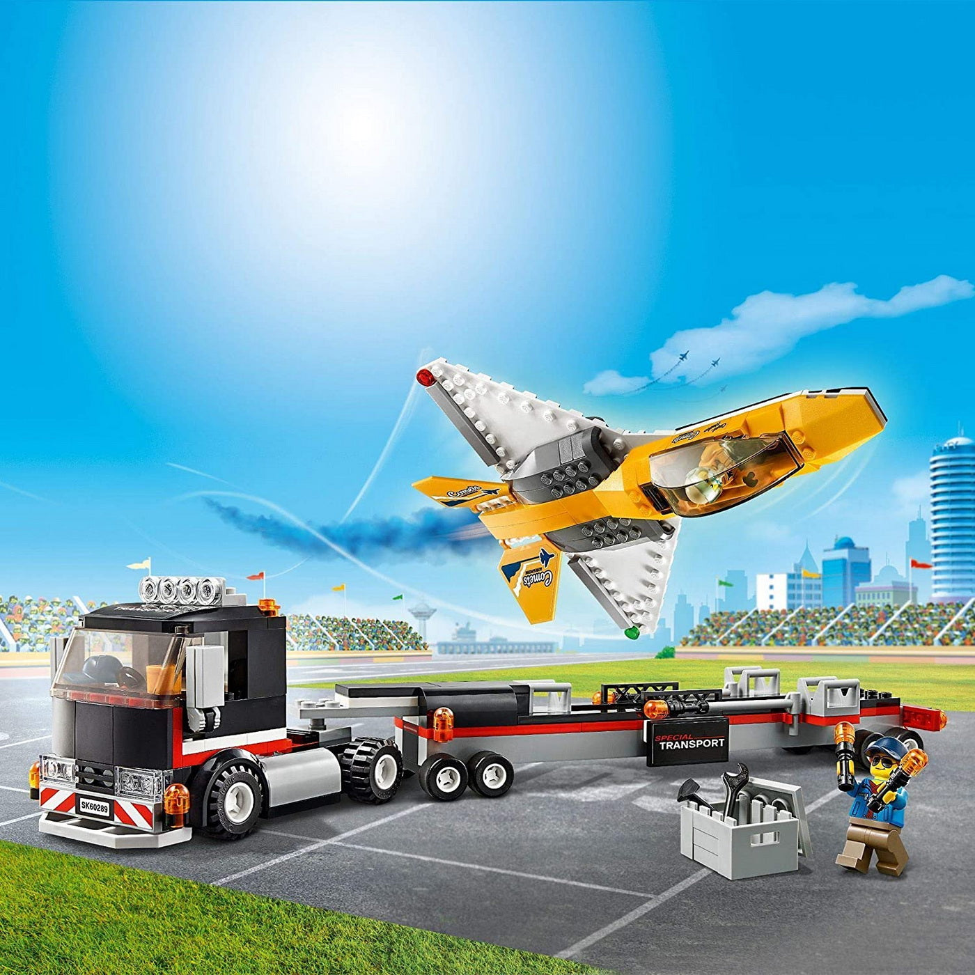 Lego city  transportor de avion cu reactie pentru spectacol aviatic 60289