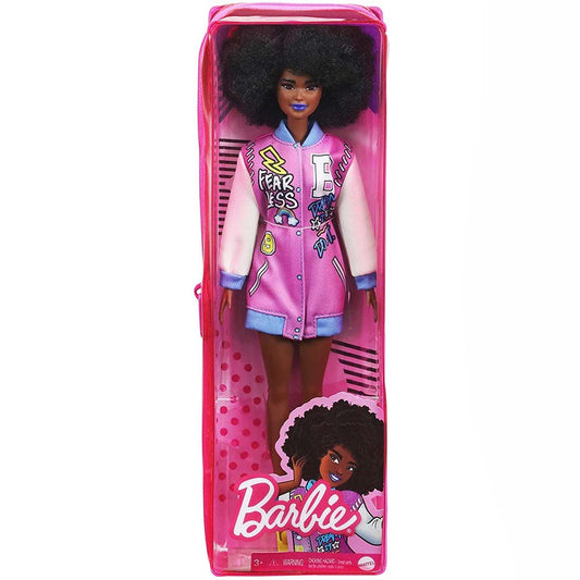 Papusa barbie fashionista cu parul afro si jacheta lila