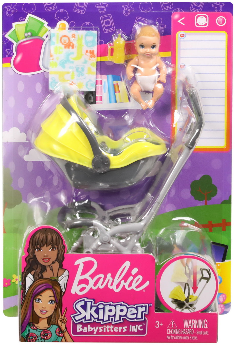 Set barbie skipper babysitters carucior galben cu bebelus