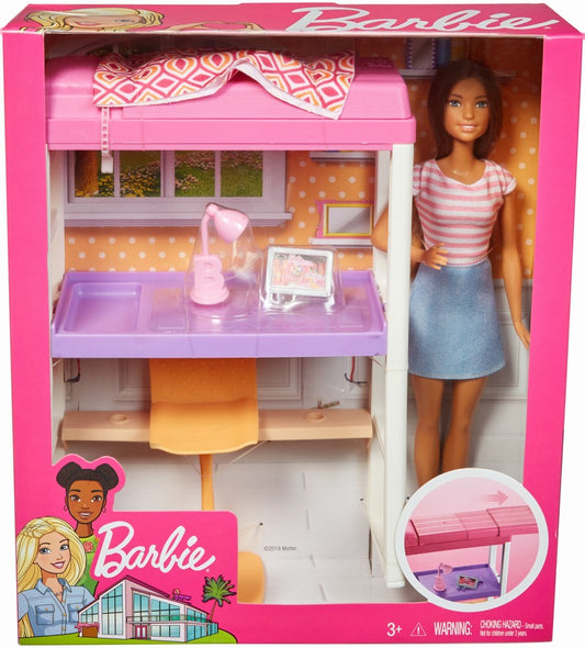 Barbie set dormitor cu papusa par saten