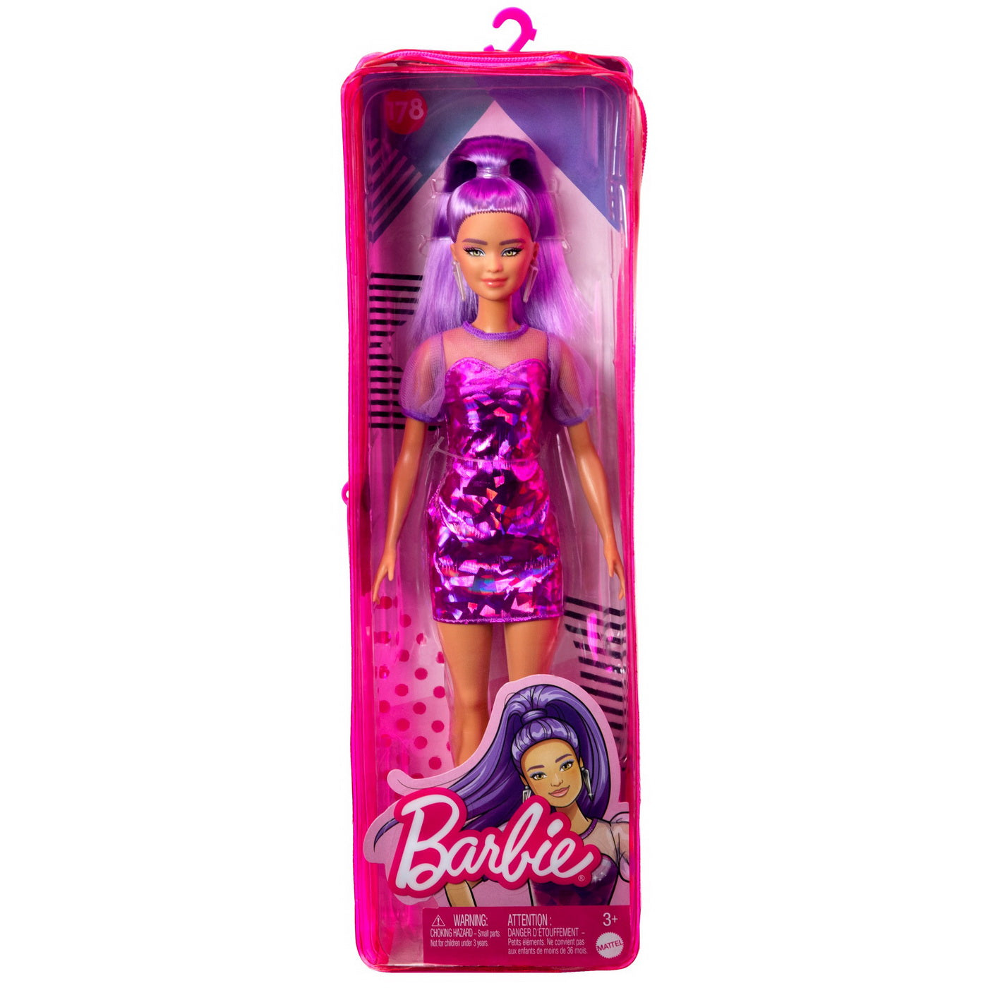 Papusa barbie fashionista cu par mov cu rochie cu umeri bufanti