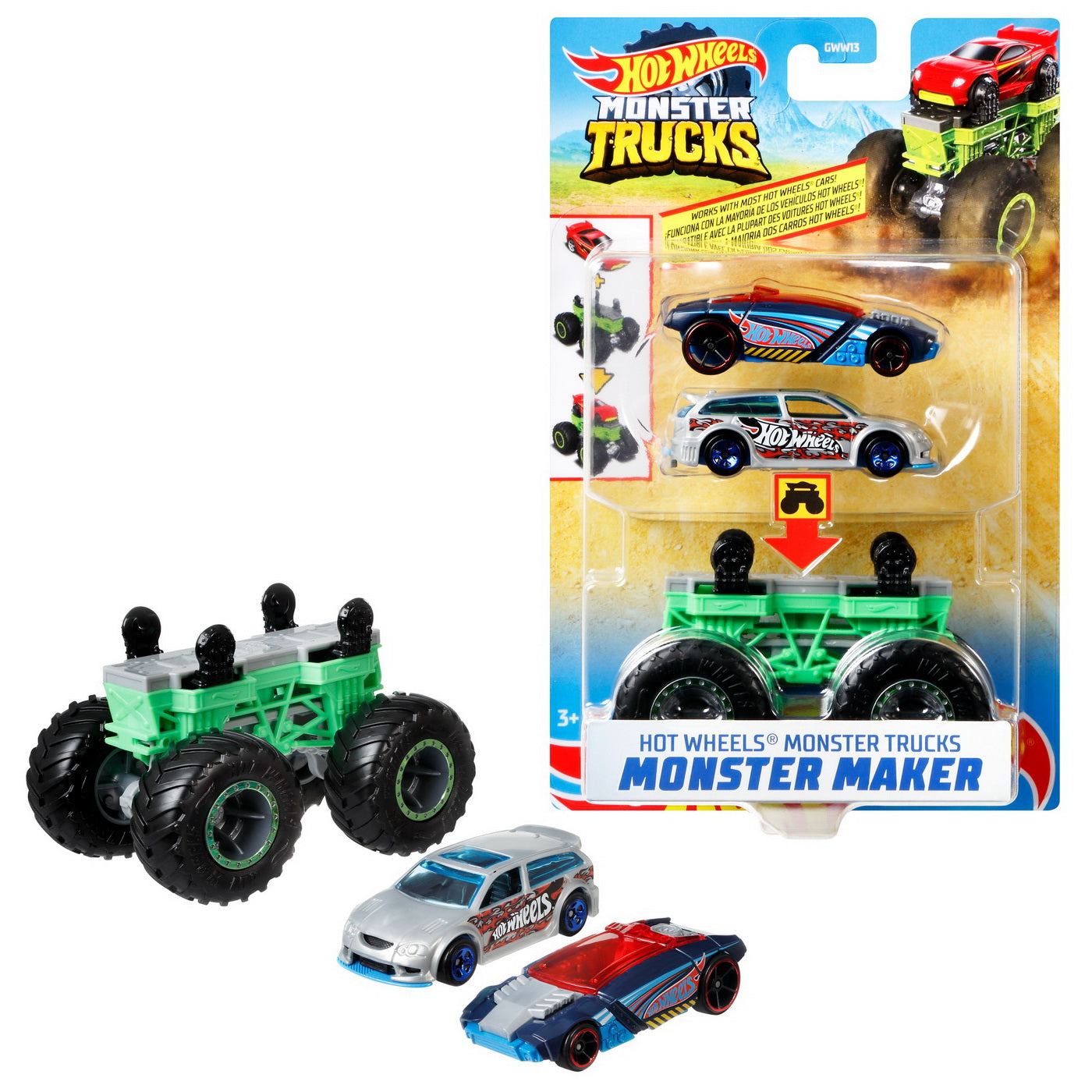 Hot wheels monster truck cu masinute gri si albastru