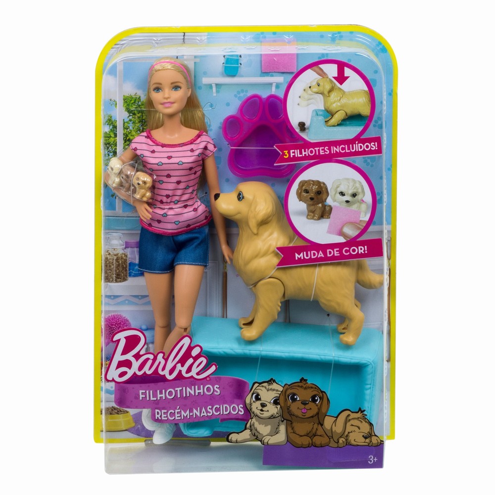 Papusa barbie blonda cu catelusa si puii ei