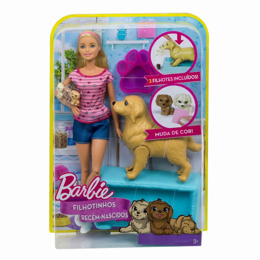 Papusa barbie blonda cu catelusa si puii ei