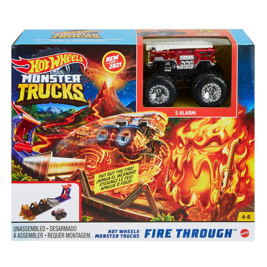 Hot wheels monster truck set fire through