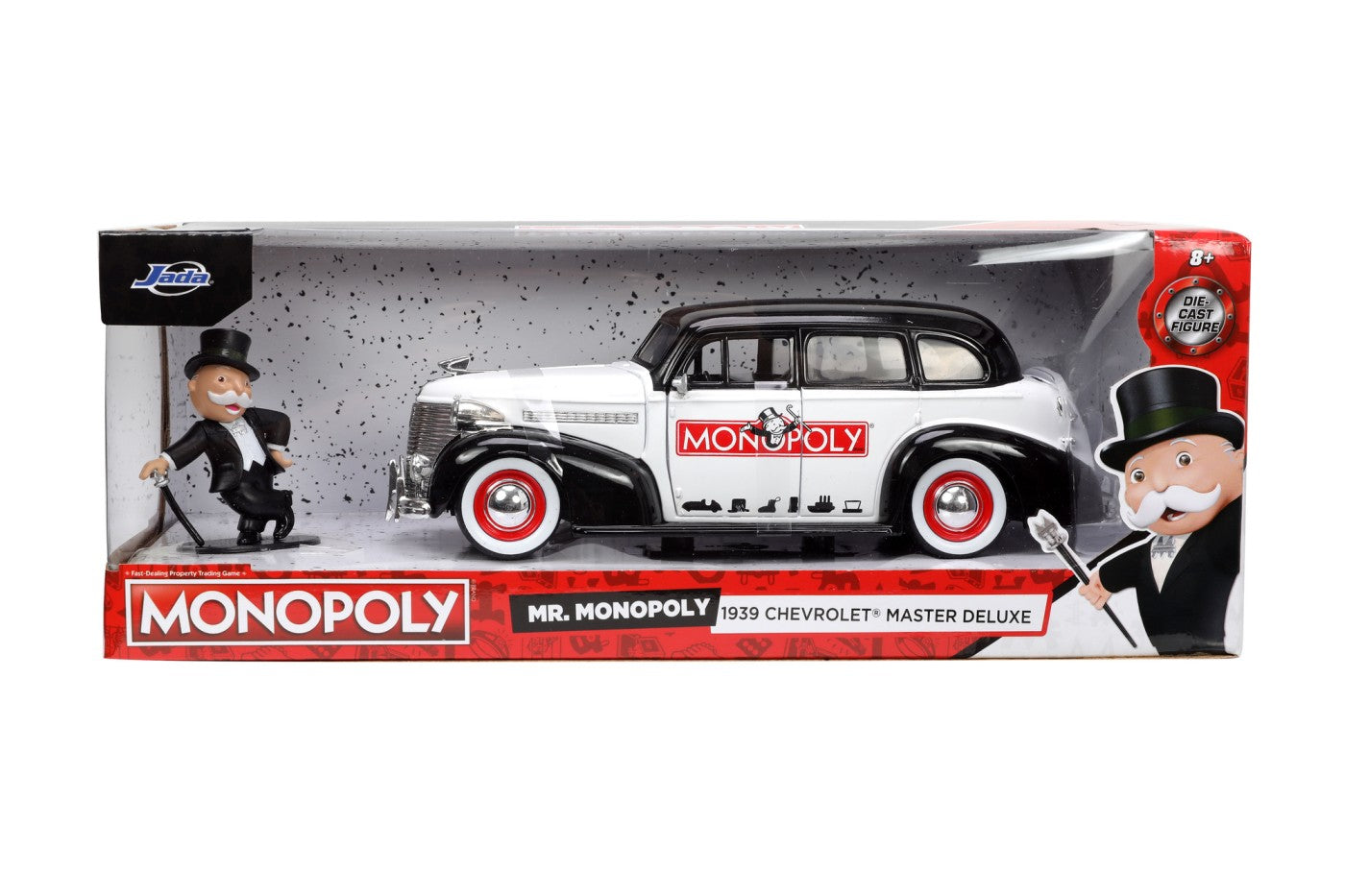 Jada set masinuta metalica chevrolet master deluxe 1939 scara 1:24 si figurina mr monopoly