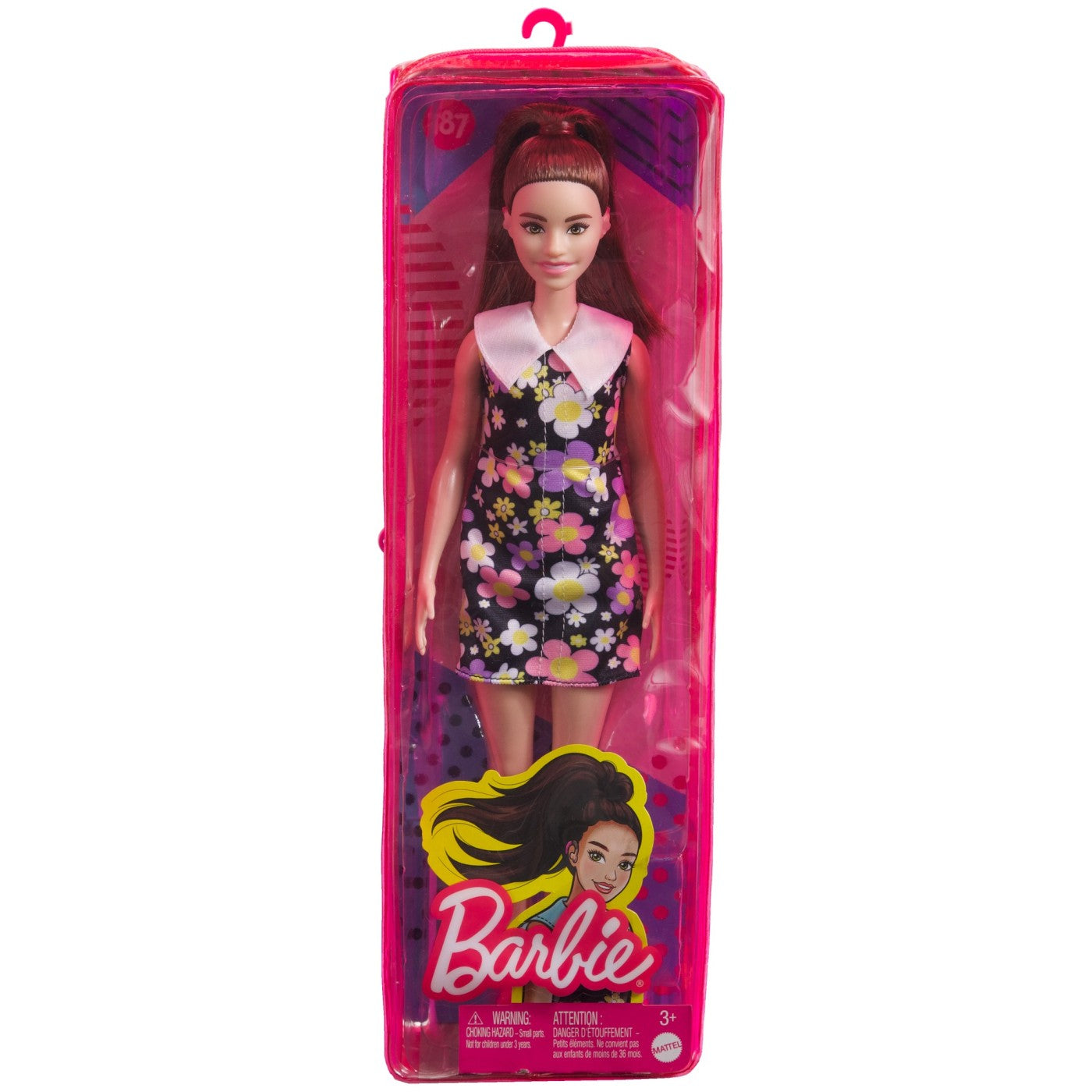 Papusa barbie fashionista satena cu rochie cu imprimeu floral