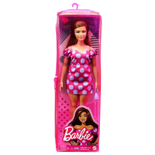 Papusa barbie fashionista satena cu rochie roz cu buline