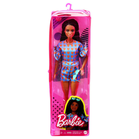 Papusa barbie fashionista satena cu codite impletite si tinuta casual albastra